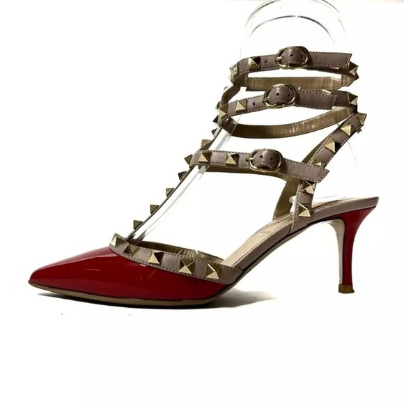 100% Auth VALENTINOGARAVANI Red Pink Beige Leather Women's Sandals 220-102224 - Picture 1 of 6